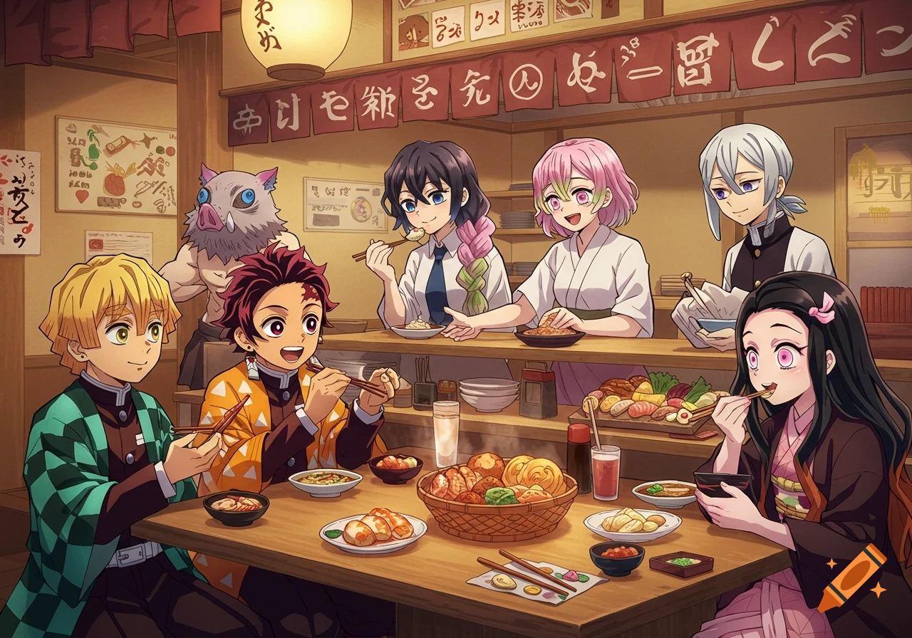 Anime characters from Demon Slayer eating at a table in a restaurant.