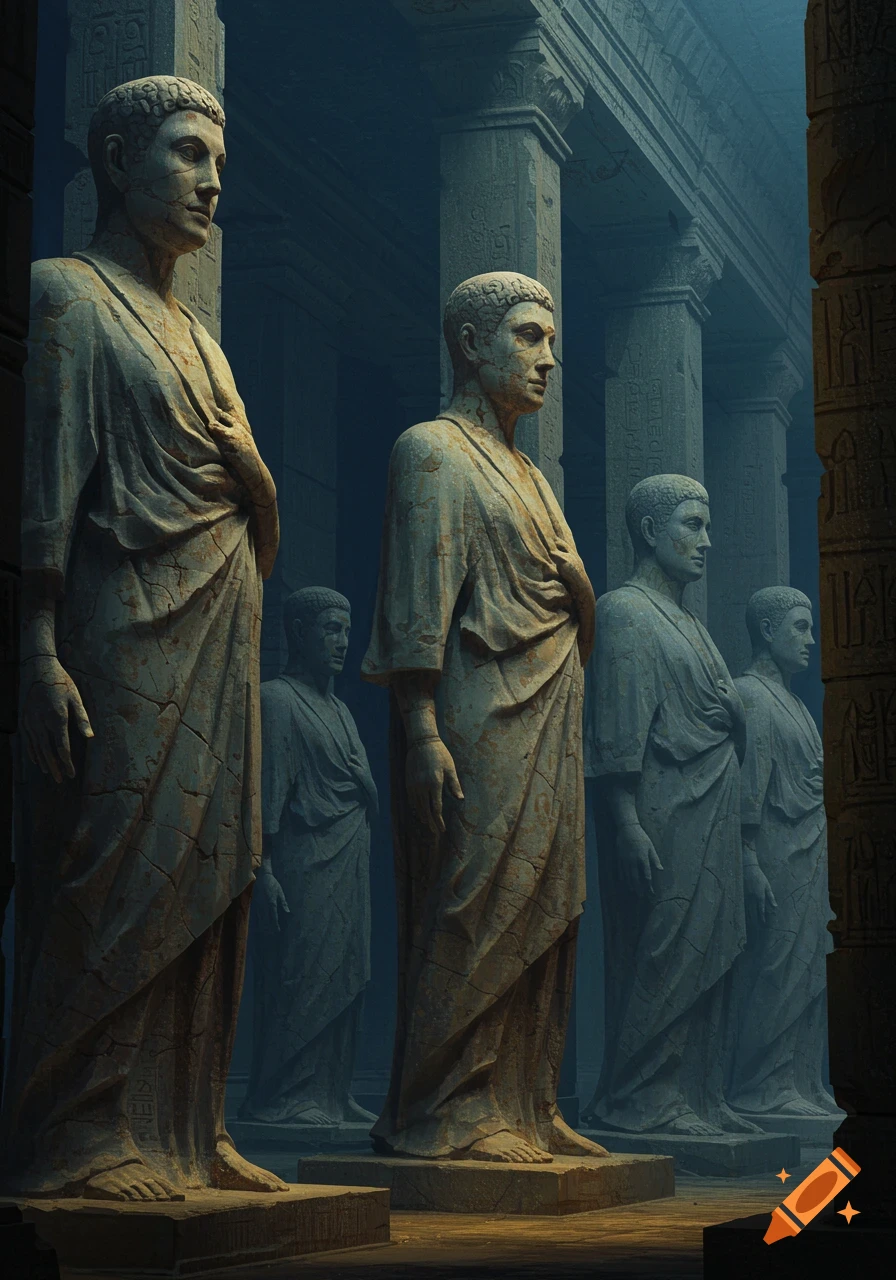 Ancient stone statues stand in a dark temple hall with tall columns and carvings.