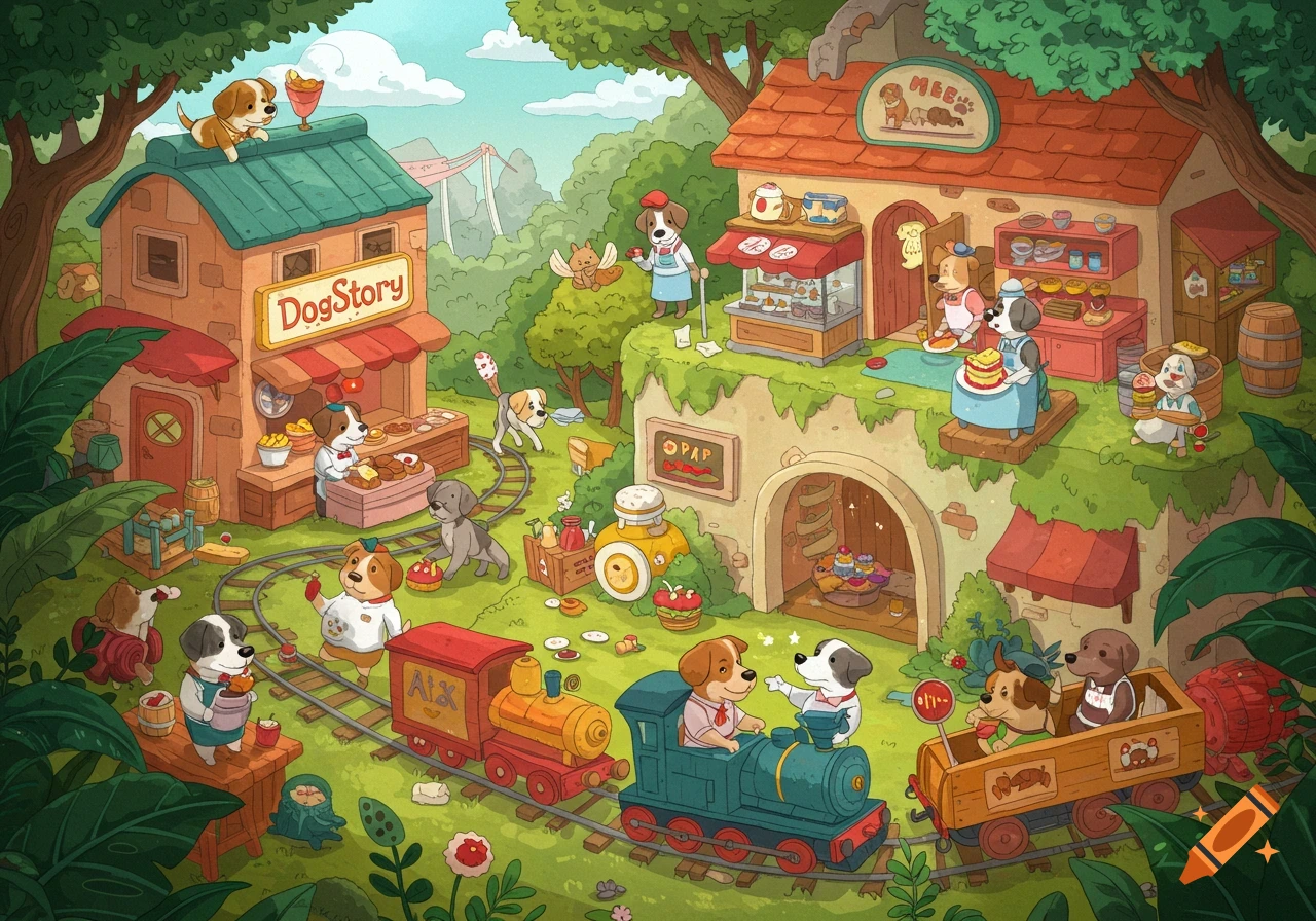 Illustration of cartoon dogs in a bustling town with shops and a train.