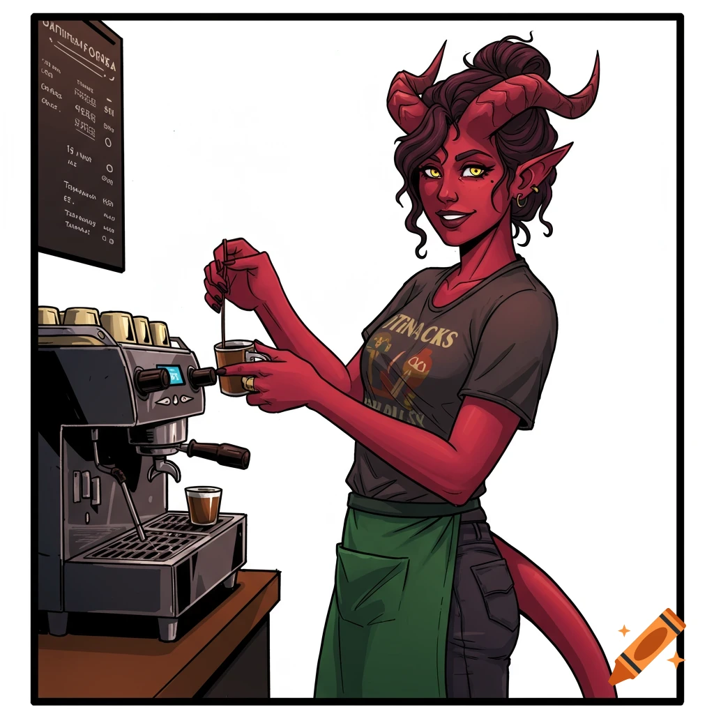 Comic illustration of a red-skinned Tiefling barista making coffee