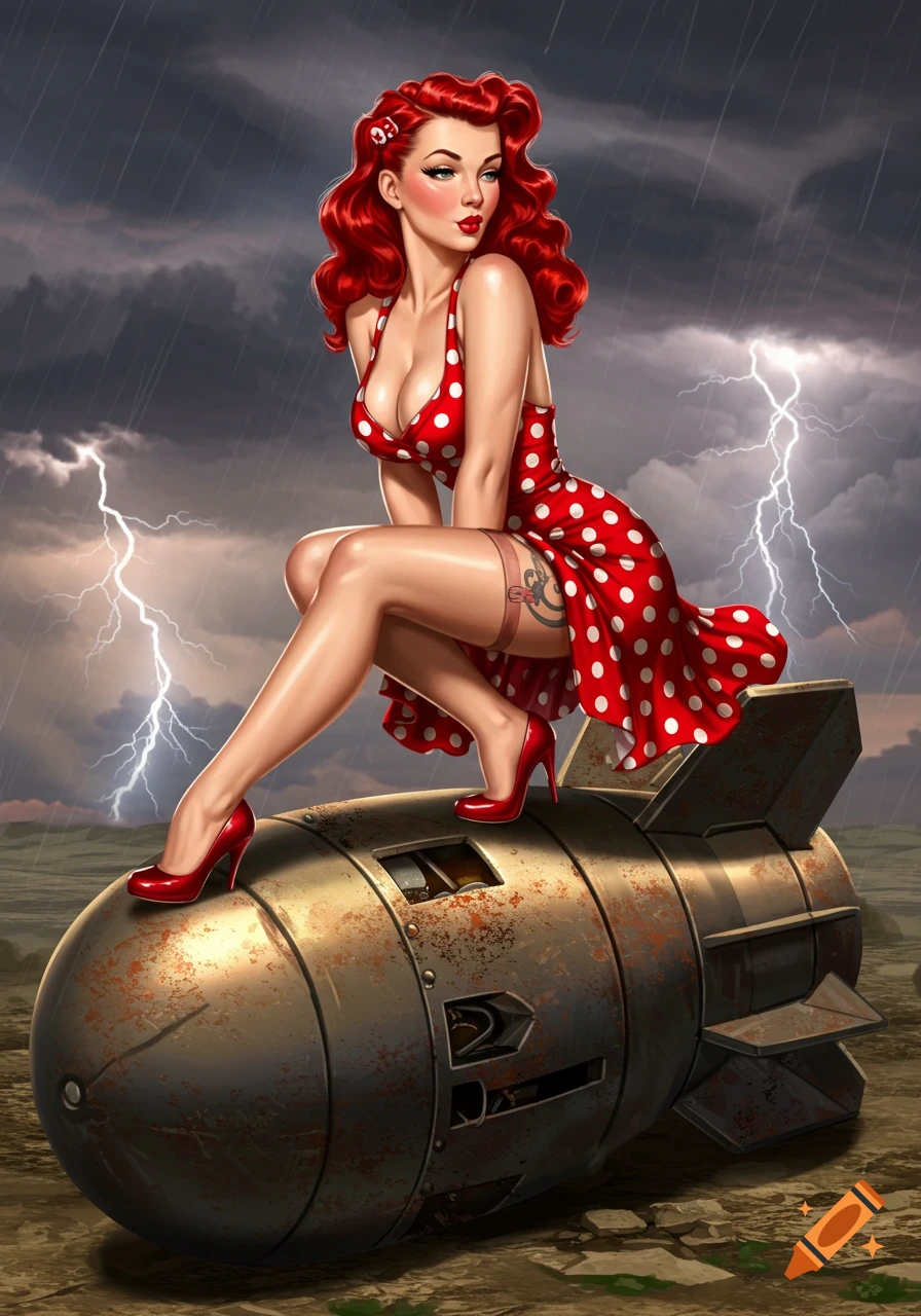 Pinup girl sitting on a bomb in a lightning storm