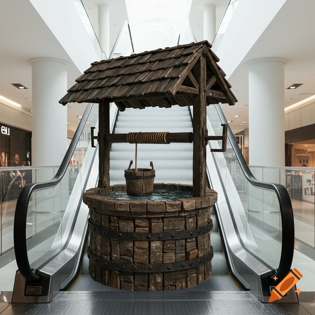 A wooden water well sits on the steps of an escalator in a modern building.