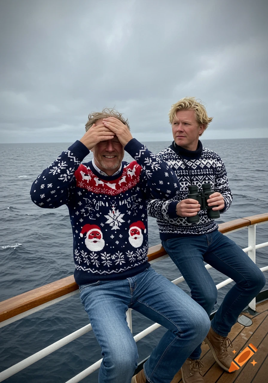 Two men on a boat at sea. One man covers his eyes while the other looks through binoculars. Both wear Christmas sweaters.