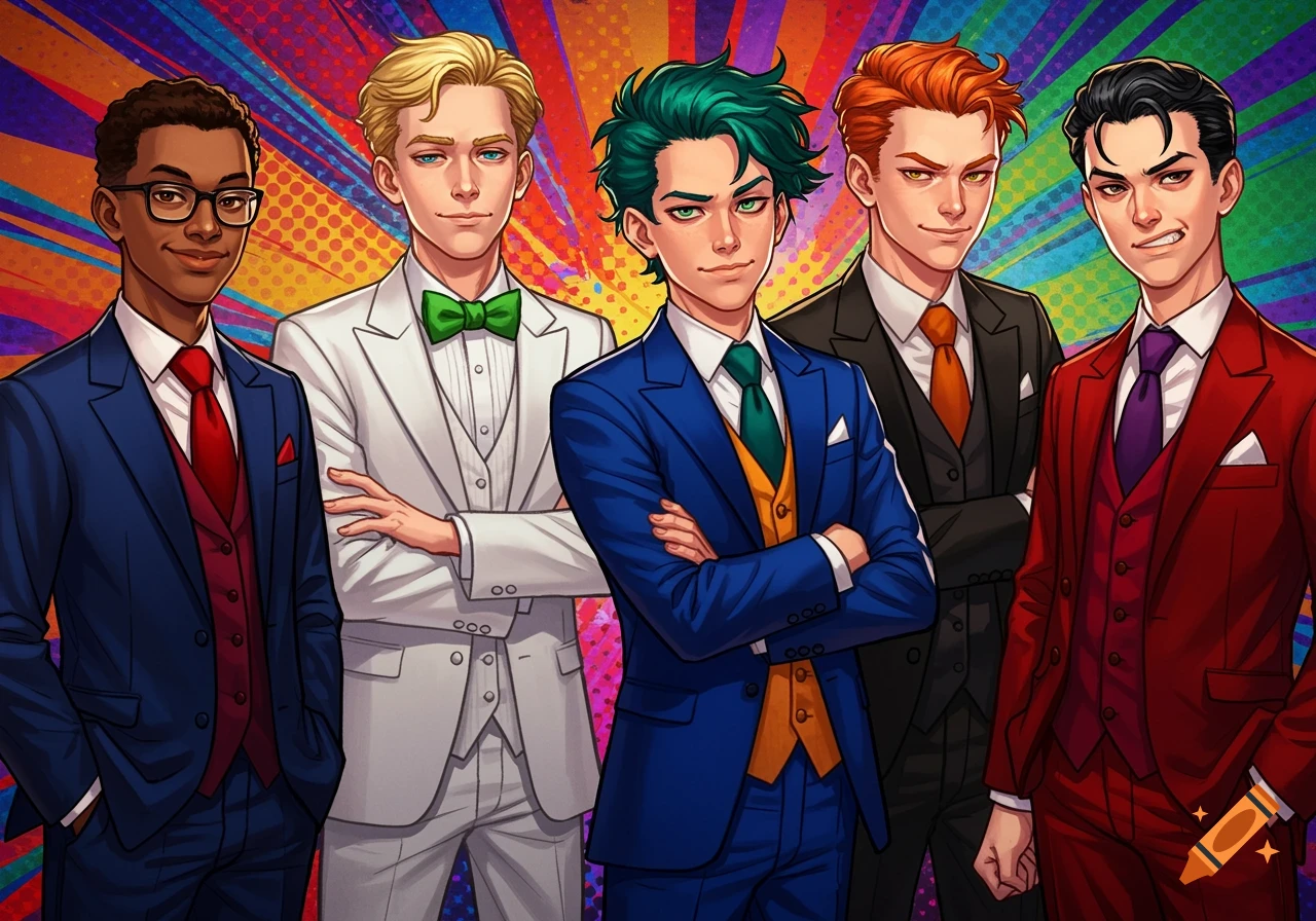 Five anime-style teenage boys in suits stand against a vibrant pop art background.