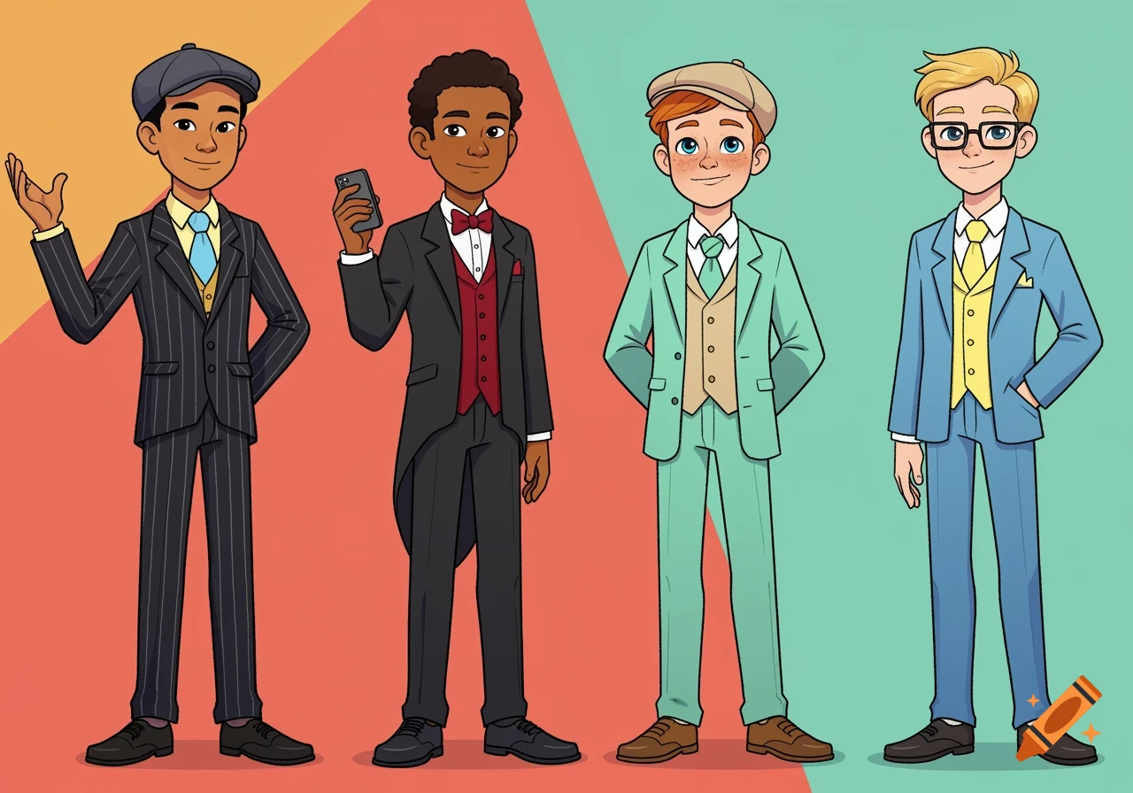 Four cartoon boys in suits and hats stand against a colorful background.