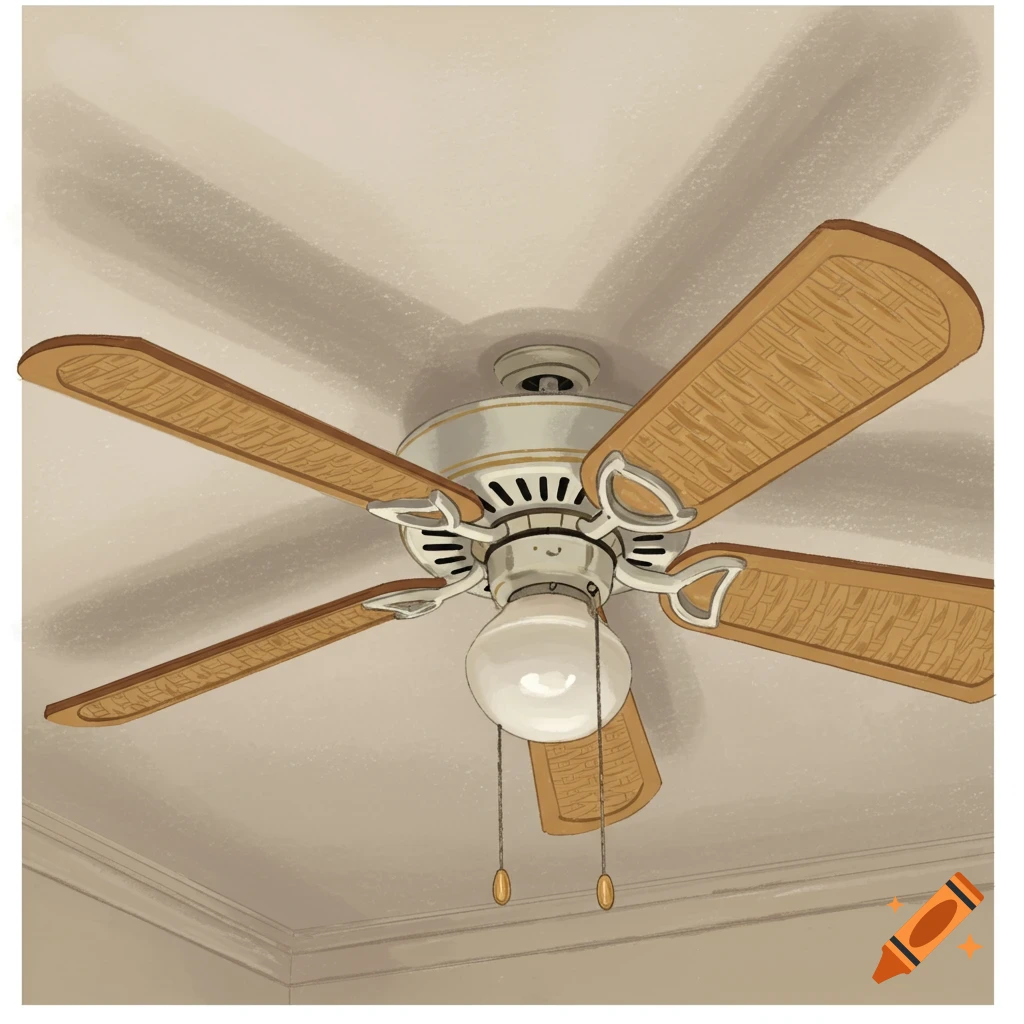 An illustrated close-up of a ceiling fan with wicker-like blades, light fixture, and pull chains, viewed from below.