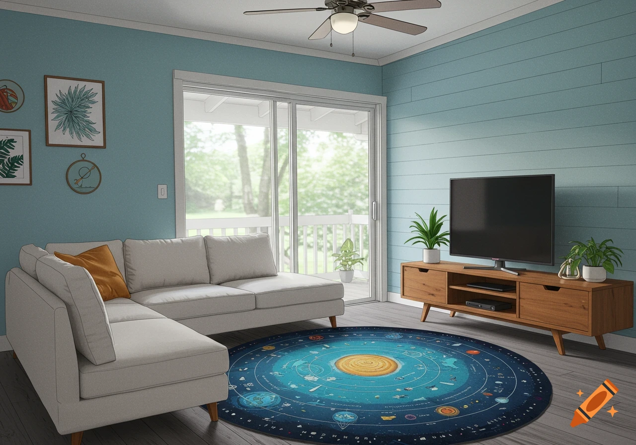 Mid-century modern living room with blue walls, grey couch, wood TV ...