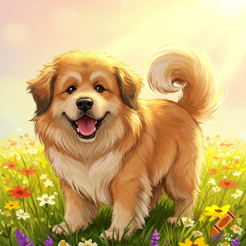 Fluffy golden dog with a happy expression stands in a field of colorful wildflowers under a bright sky, illustration.