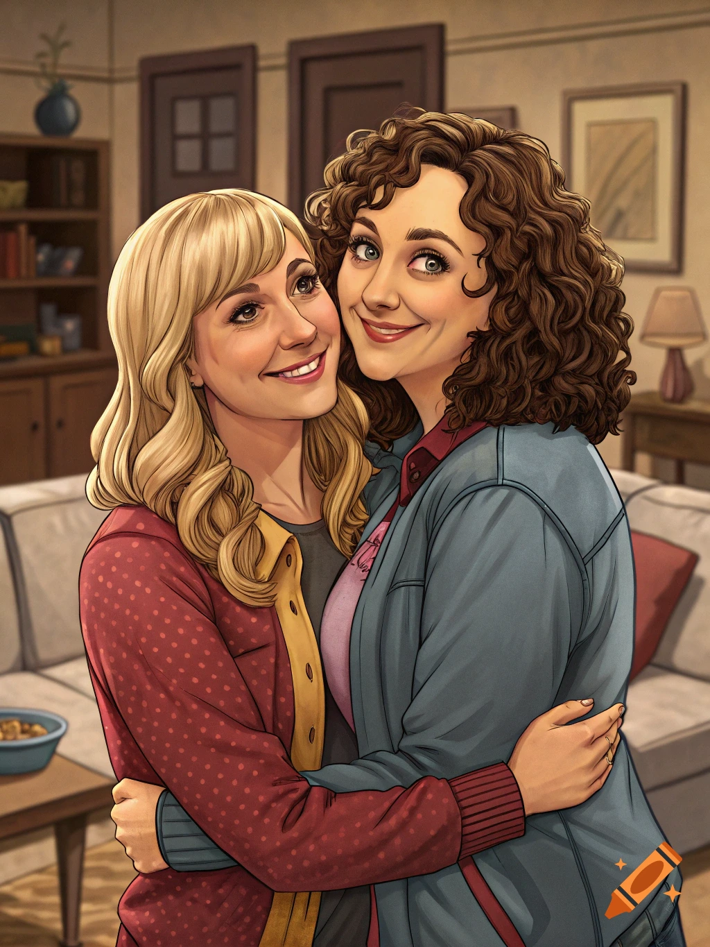 Illustration of Penny and Bernadette hugging in a living room