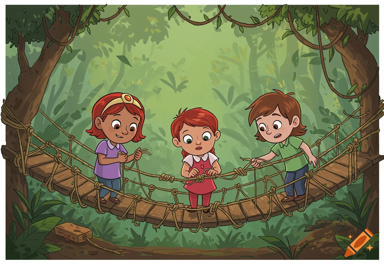 Three children work on building a rope bridge in a lush jungle illustration.