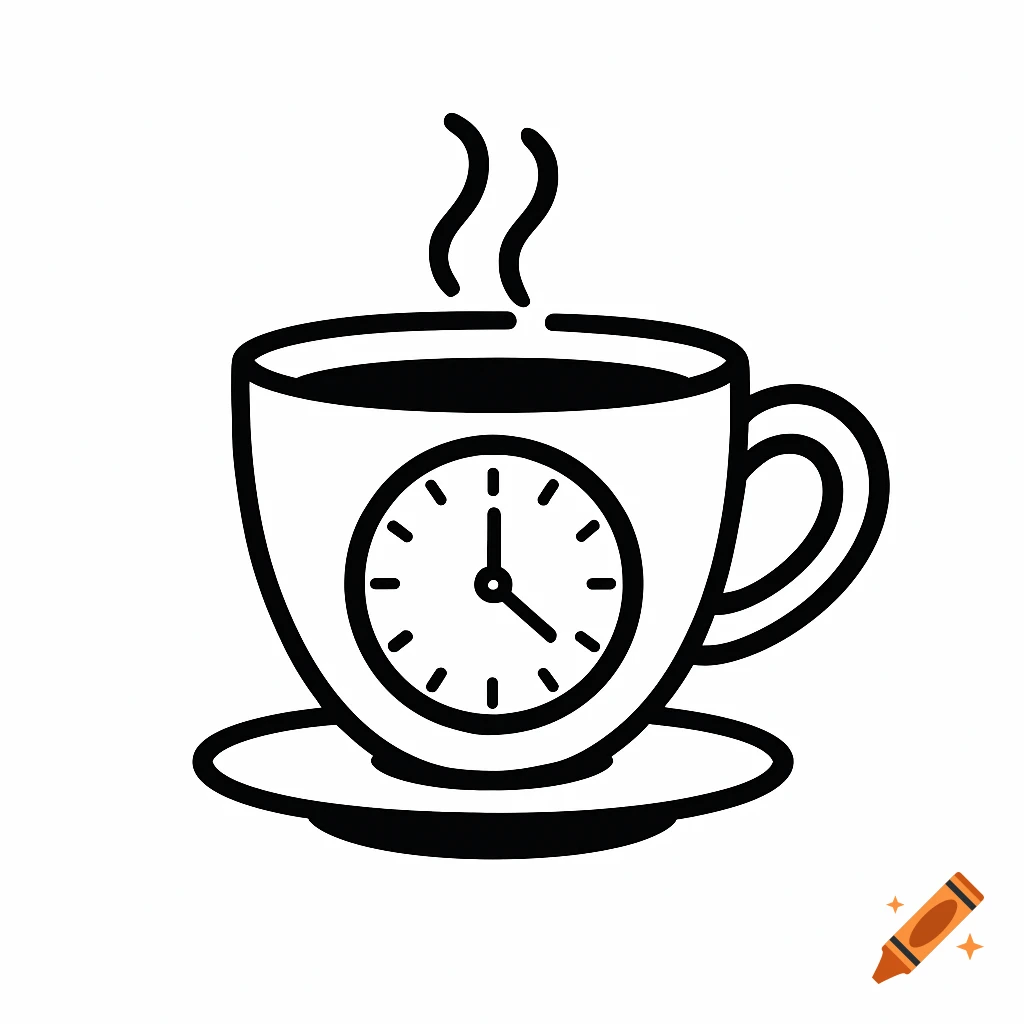 Minimalist line art vector of a coffee cup with an analog clock face showing 8:00.