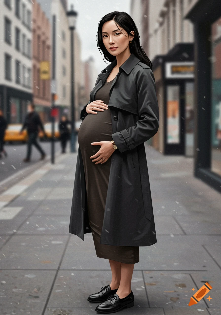 A pregnant woman wearing a trench coat stands on a city street in the snow.