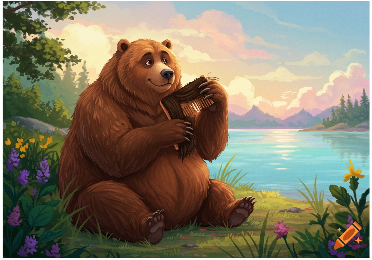 Cartoon bear sits by a lake combing its hair with a brush.