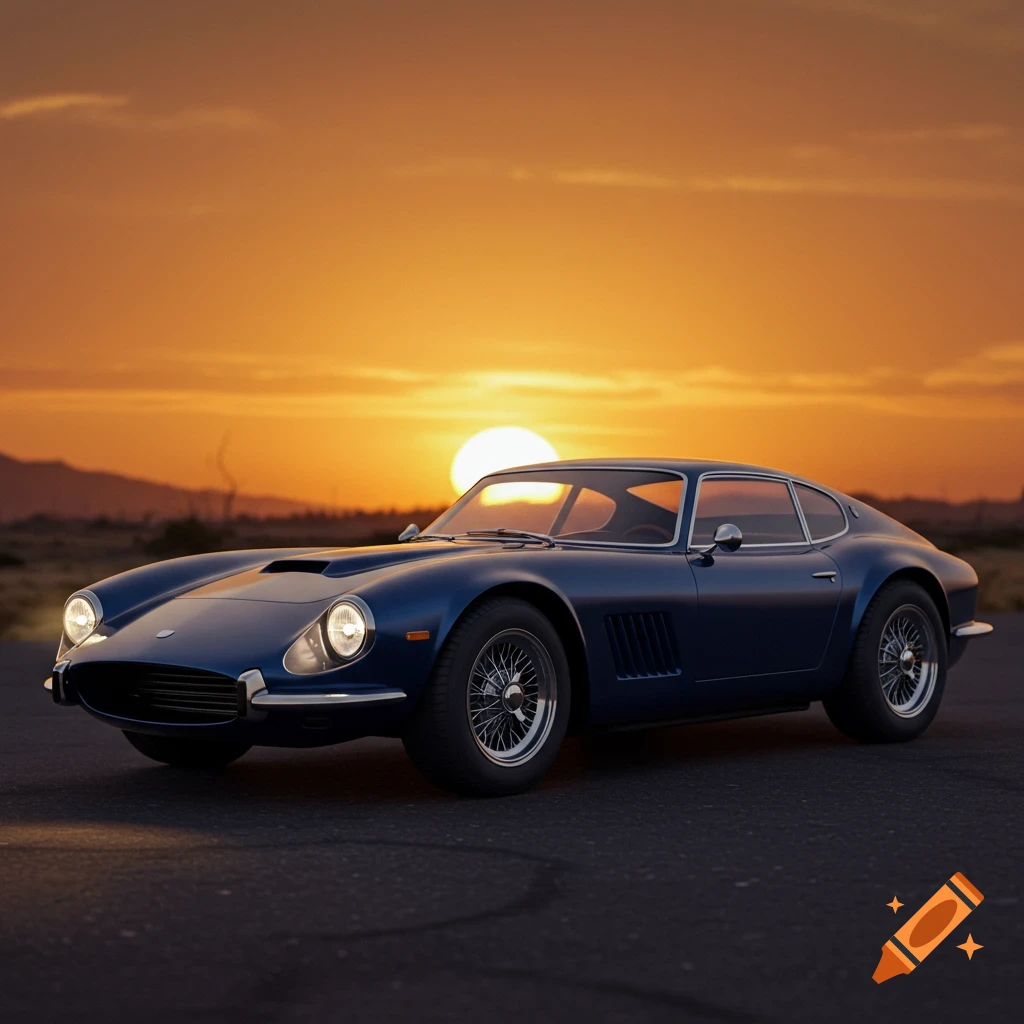 A blue classic sports car parked on a road at sunset with mountains in the background.
