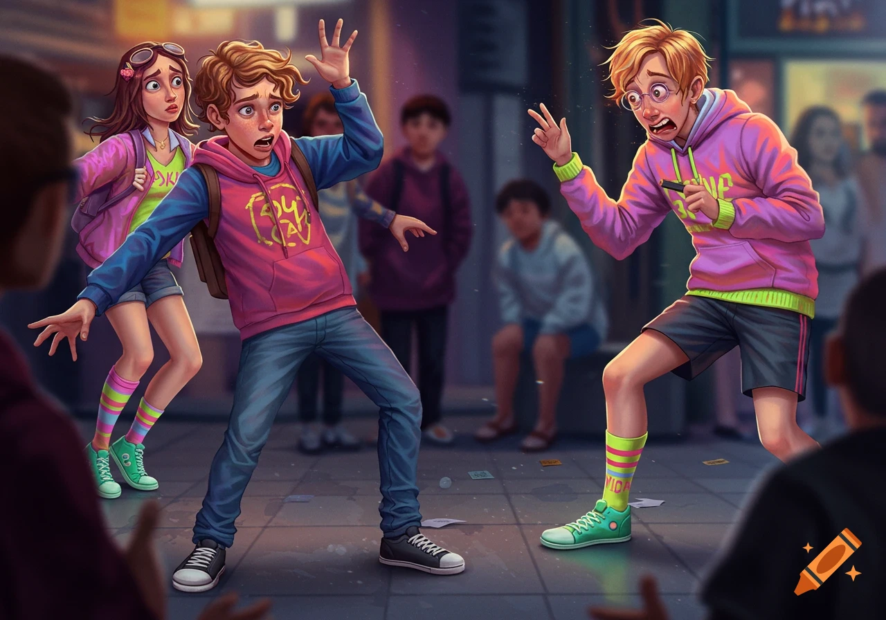 Illustration of two scared kids on a street reacting to something, with other blurred figures in the background.