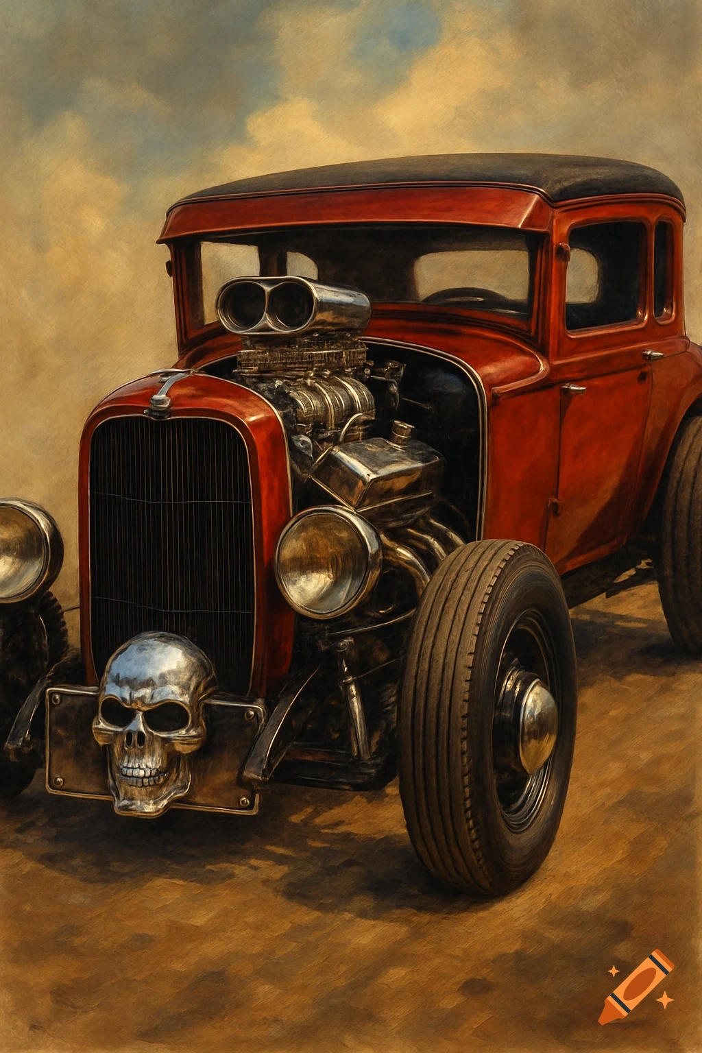 Red hot rod Model A with a large engine and a chrome skull on the front license plate, in a painterly style.