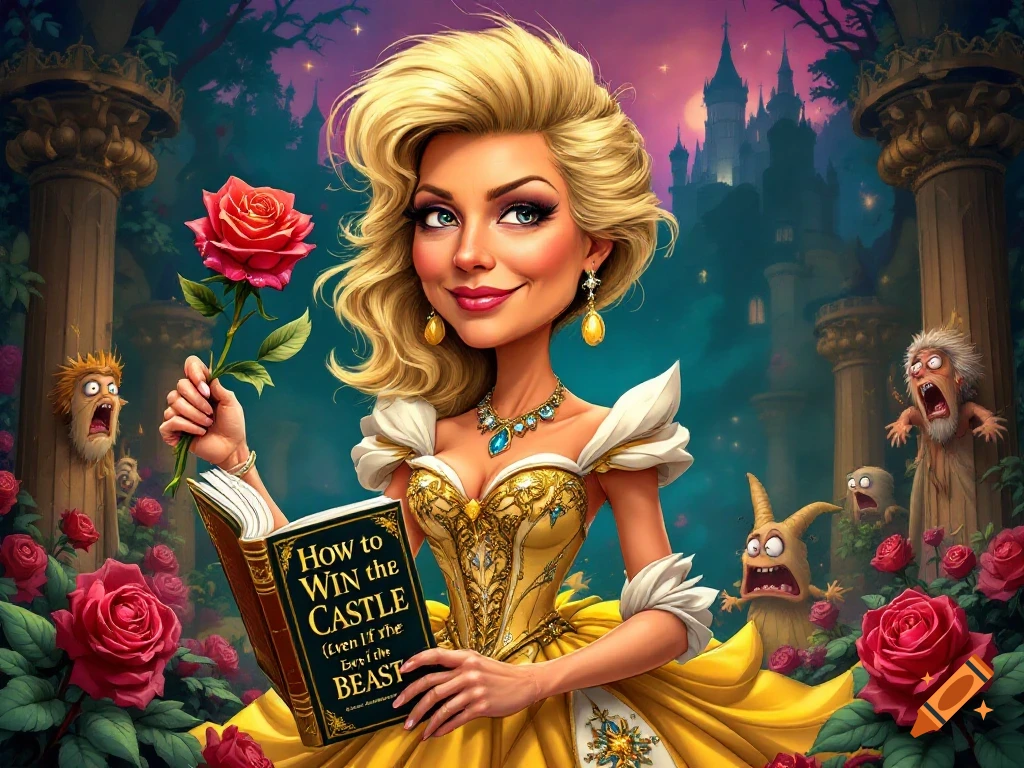Cartoon princess with exaggerated features holds a book titled 'How to Win the Castle' and a rose, surrounded by scared enchanted objects in a fairytale setting.