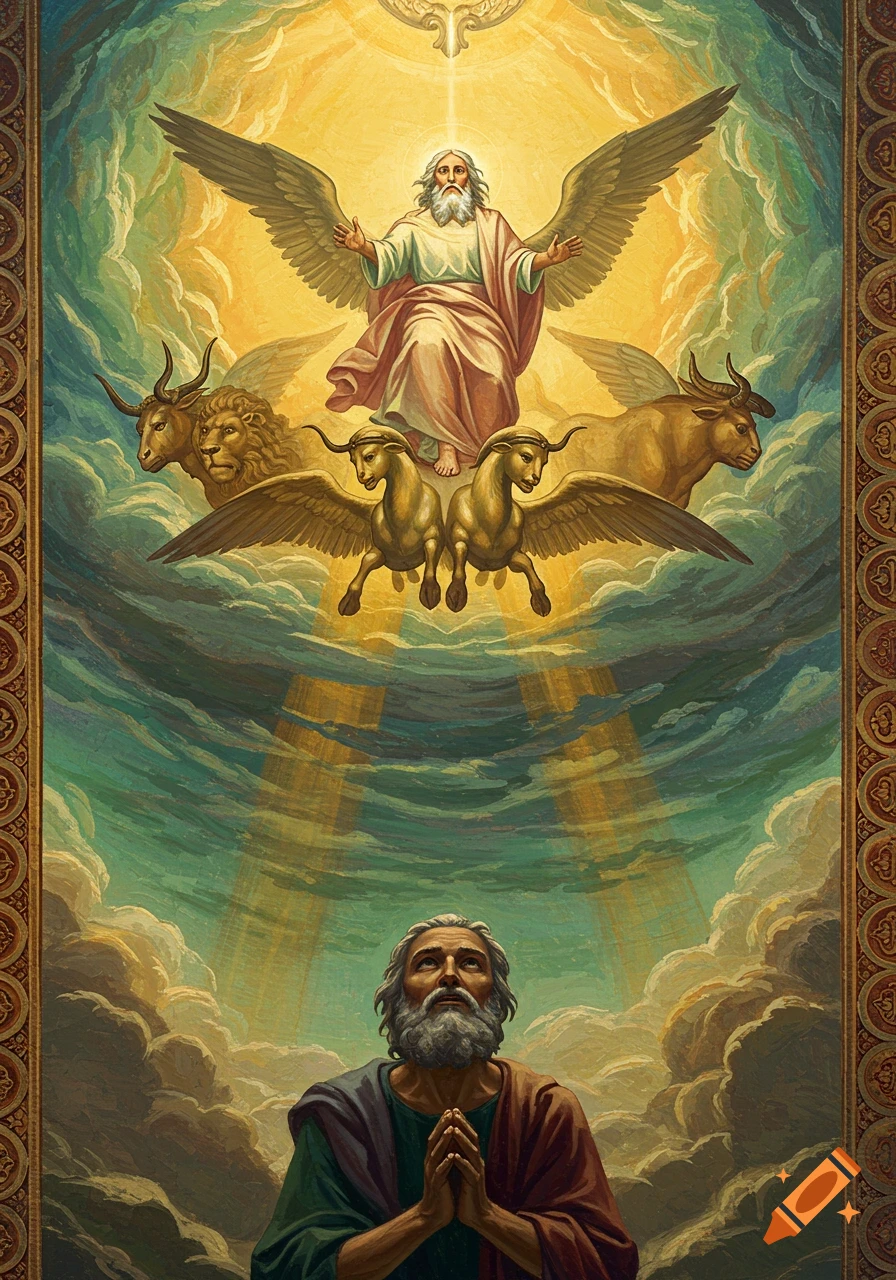 Painting of a praying man looking up at God in the sky, surrounded by clouds and symbolic winged creatures.