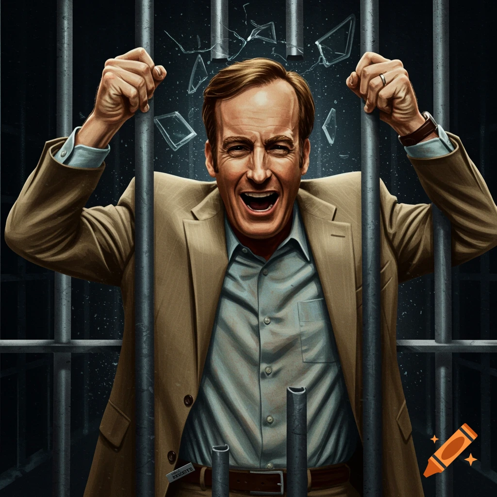 Stylized illustration of Saul Goodman breaking out of a jail cell.