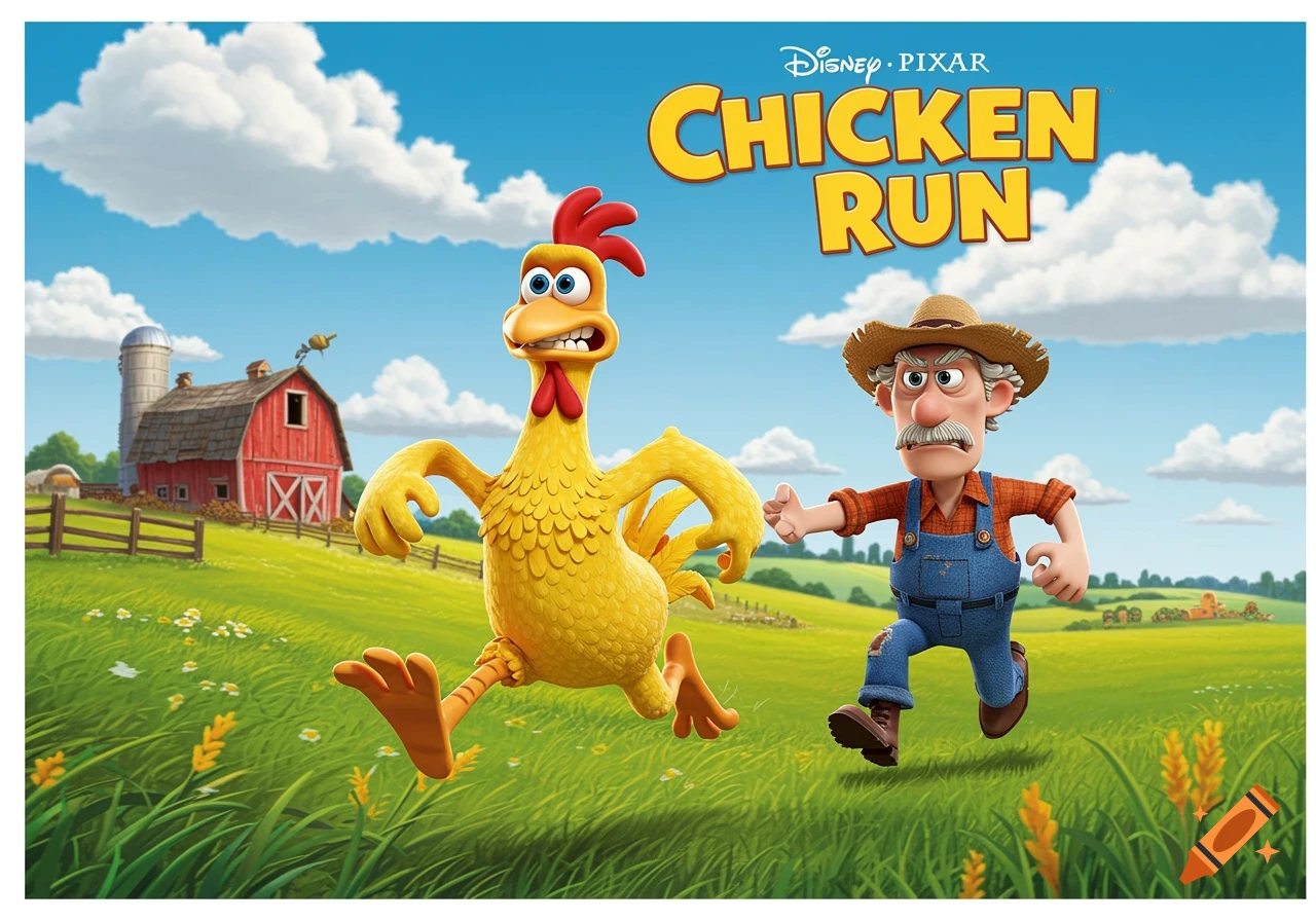 Disney Pixar Chicken Run movie poster showing a cartoon chicken running from a farmer in a farm field.