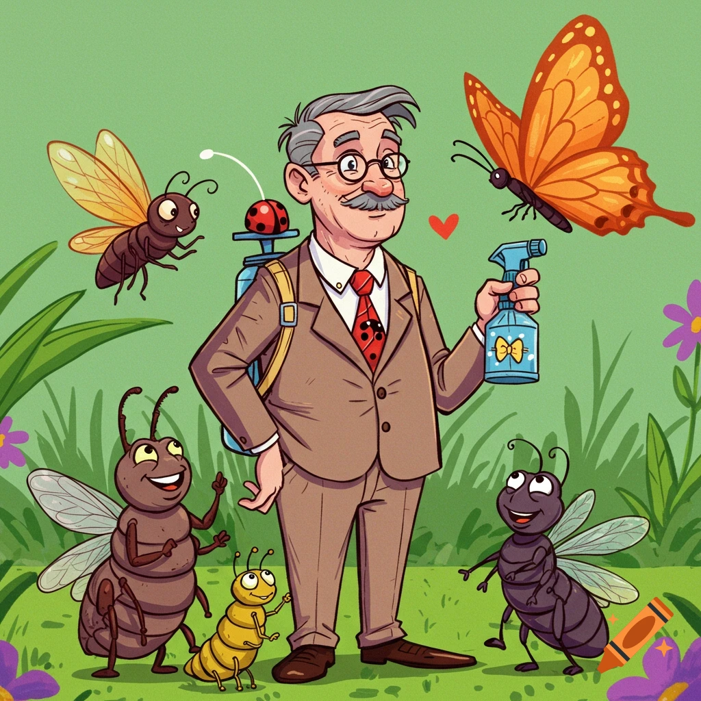 Cartoon illustration of a man with a spray bottle standing in a garden with friendly cartoon insects, like a butterfly, fly, ant, and caterpillar.