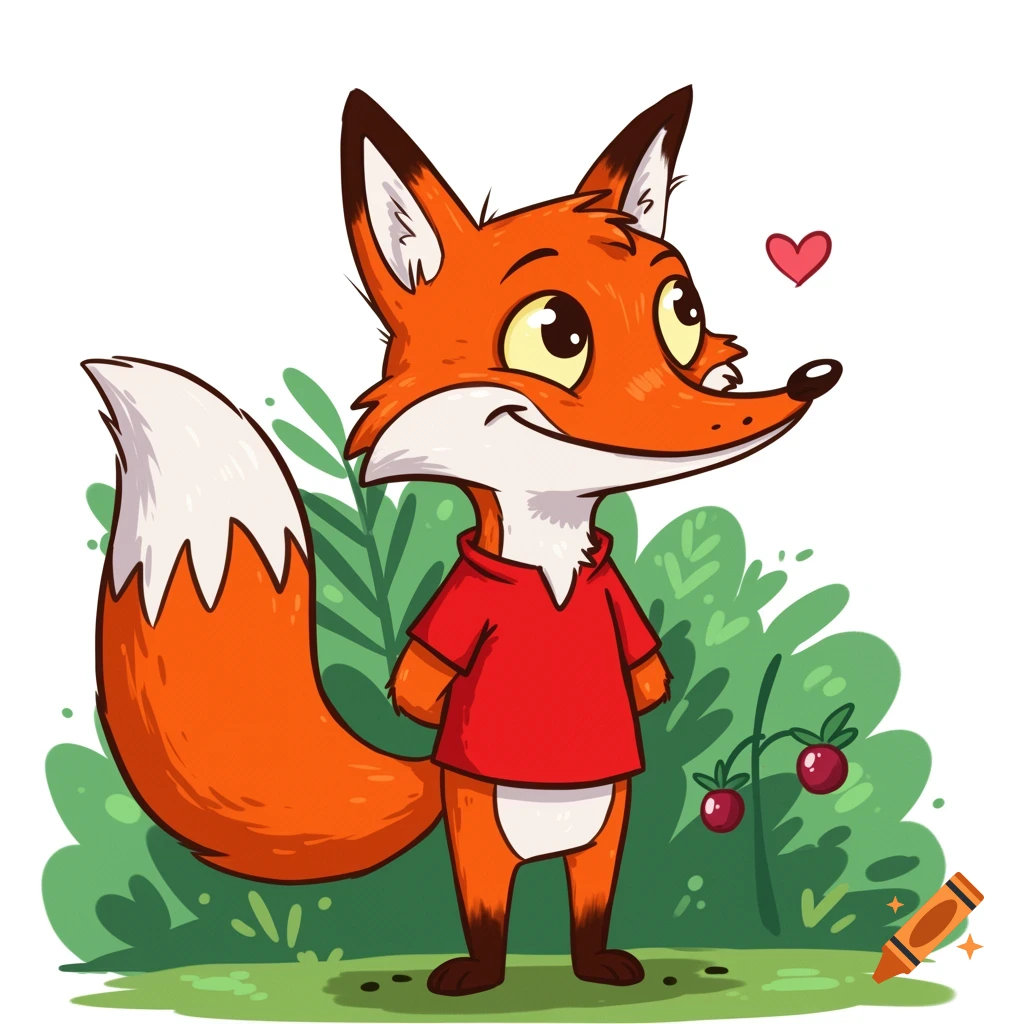 A cartoon fox in a red shirt stands in front of green bushes with berries.