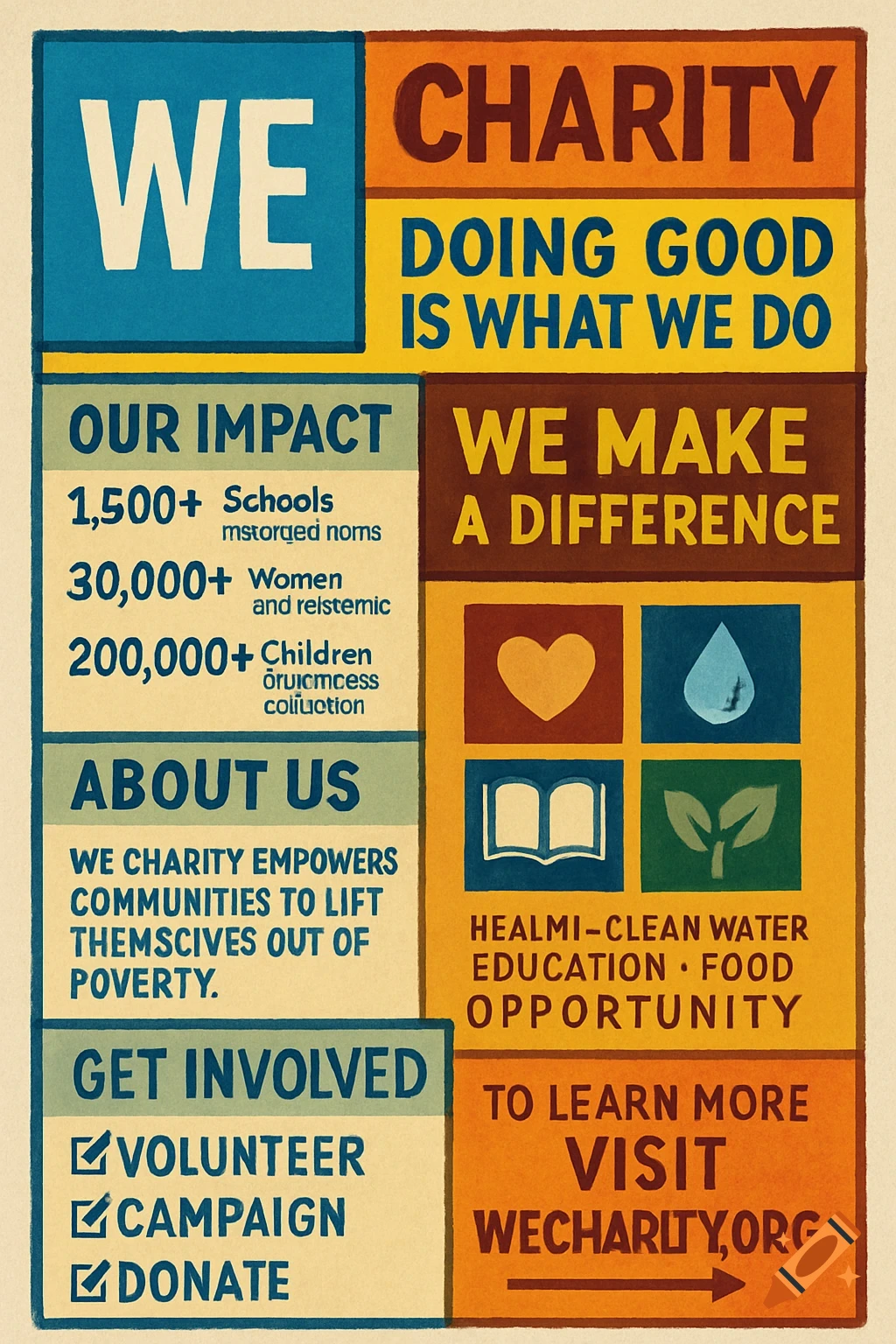 A colorful, blocky poster for WE Charity with text sections, statistics, icons, and a call to action.