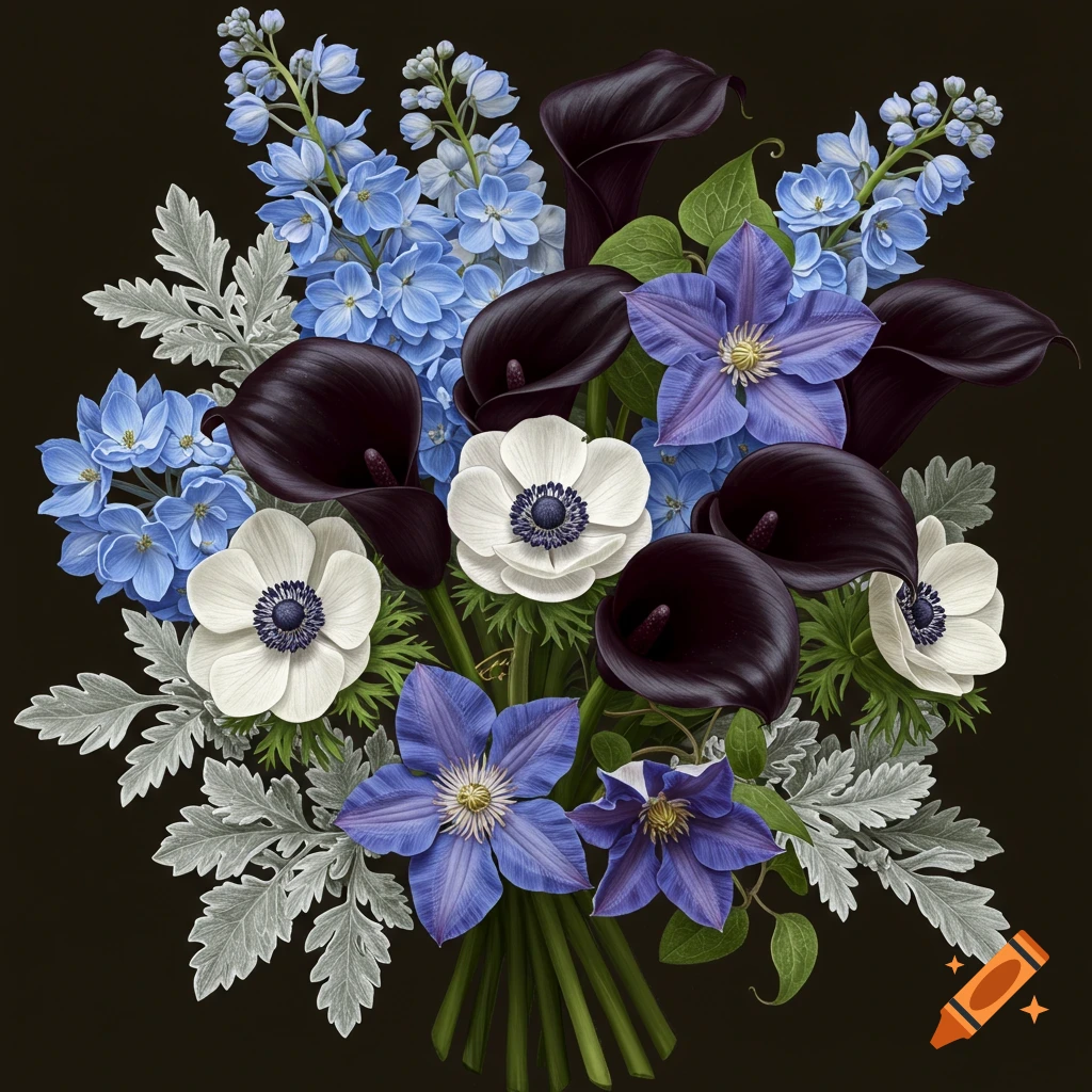 A bouquet of black calla lilies, white anemones, purple clematis, and light blue delphiniums.