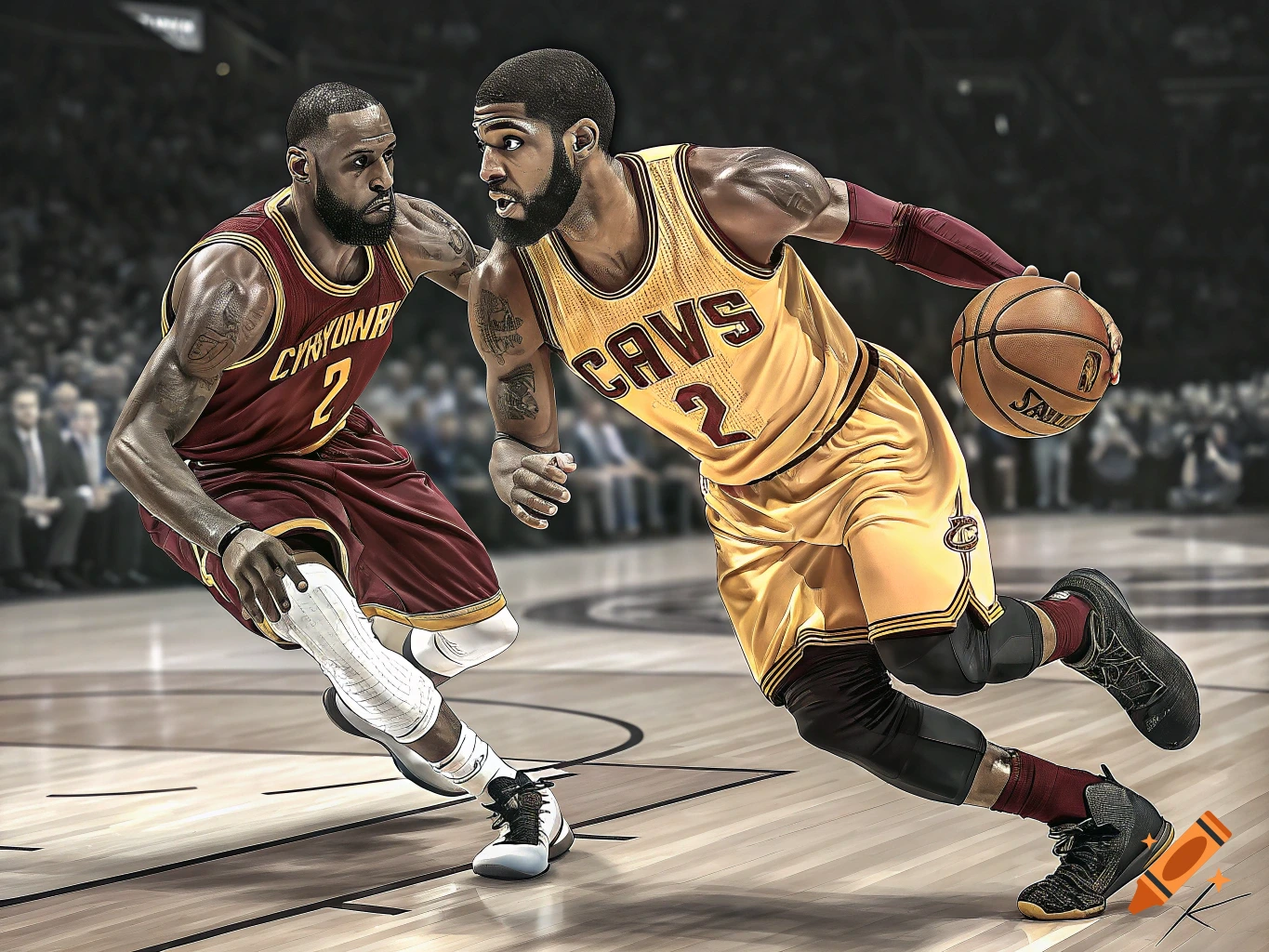 Kyrie Irving dribbles past Lebron James during a basketball game in a stylized rendering.