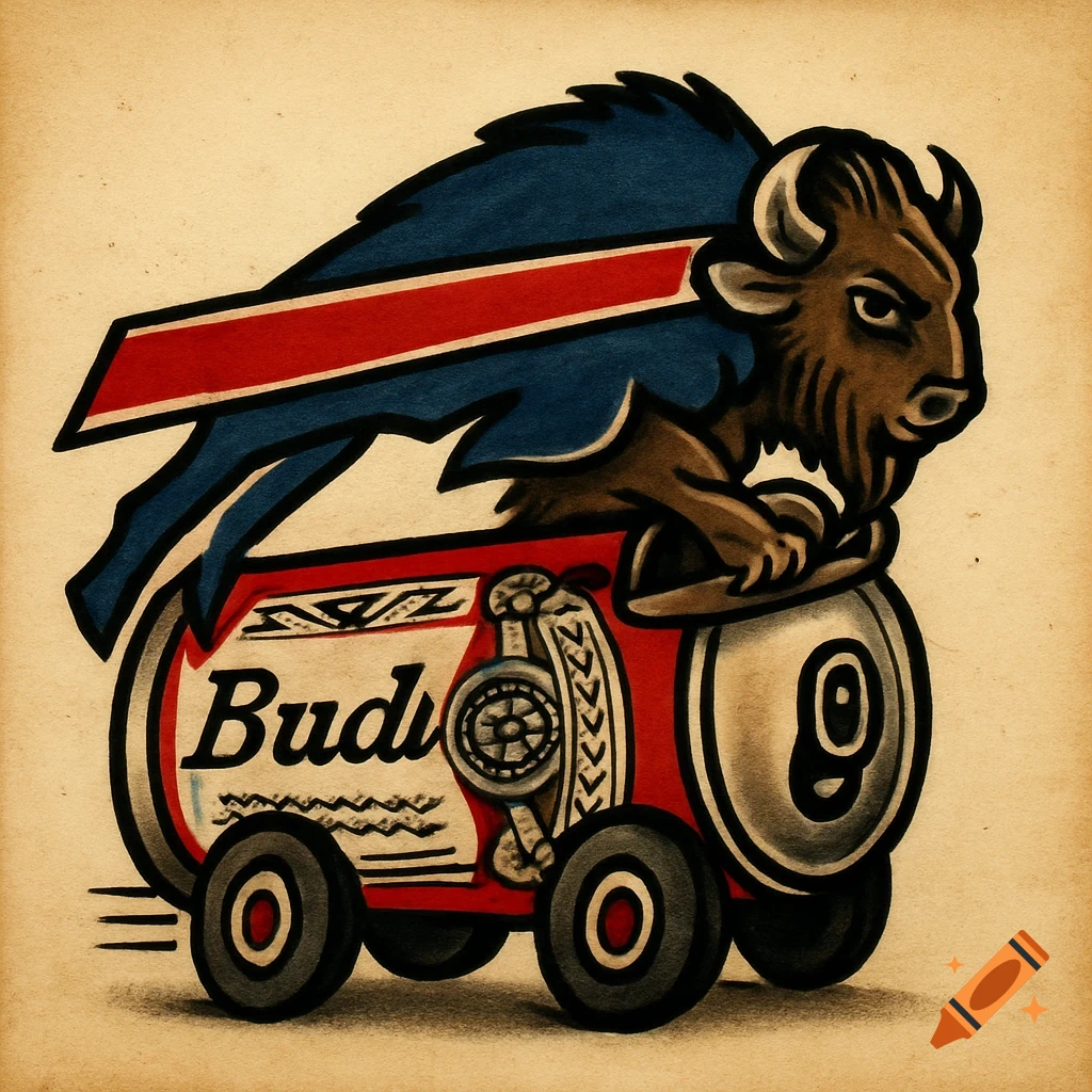 Buffalo Bills-style buffalo driving a red beer can car with "Budi" text, traditional tattoo style