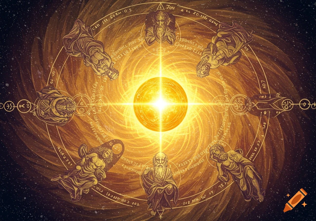 Mystical figures and symbols orbit a glowing sphere in space.