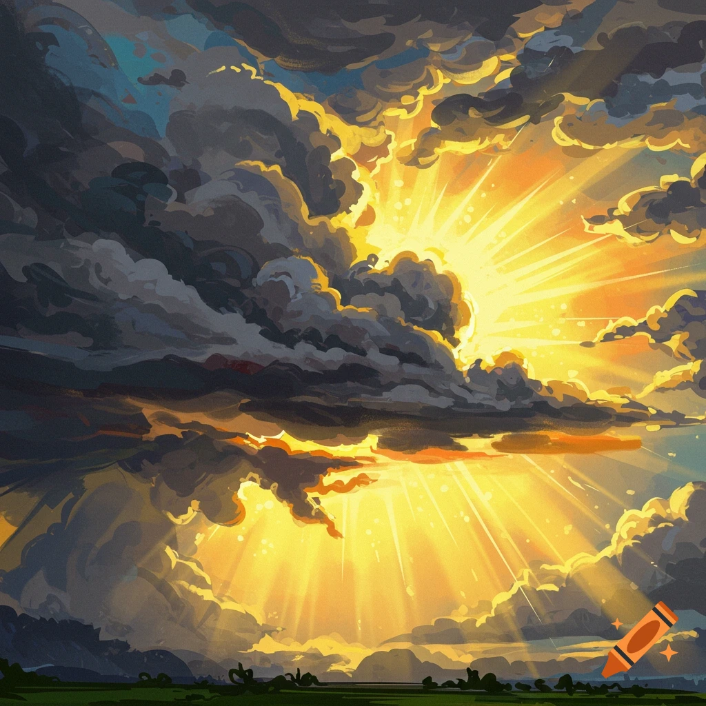 Dramatic scene of dark storm clouds with golden sun rays breaking through onto a landscape, painterly style.