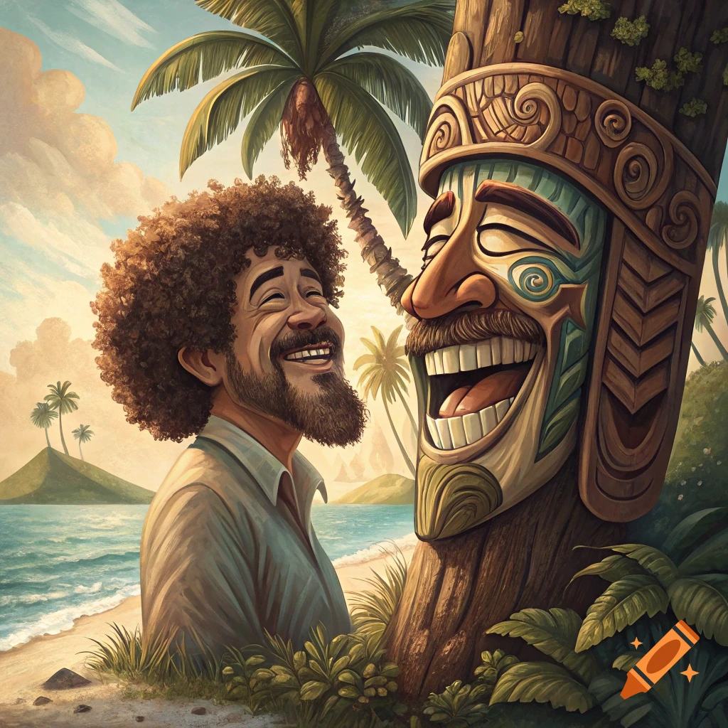 Caricature of Bob Ross laughing with a tiki mask on a tropical beach.