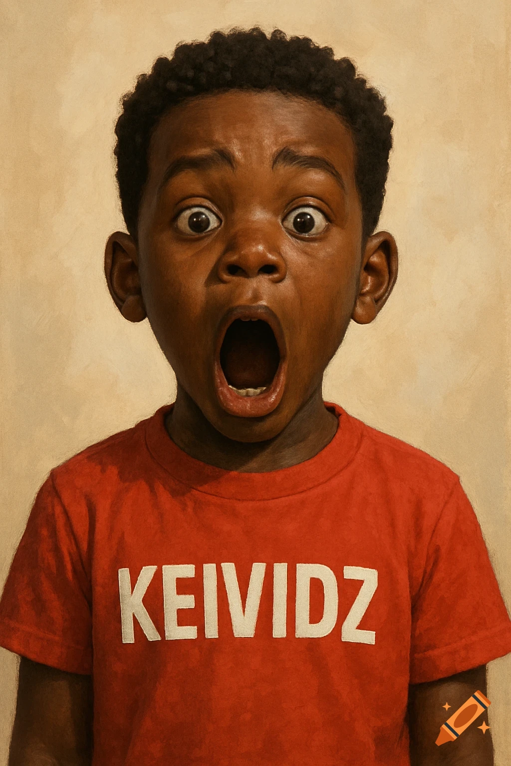 Close-up painting portrait of a young Black boy with a surprised expression wearing a red t-shirt with KEIVIDZ