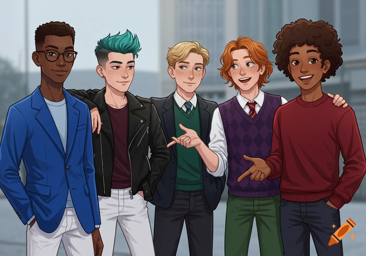 Cartoon illustration of five young men standing together in front of a blurred city background.