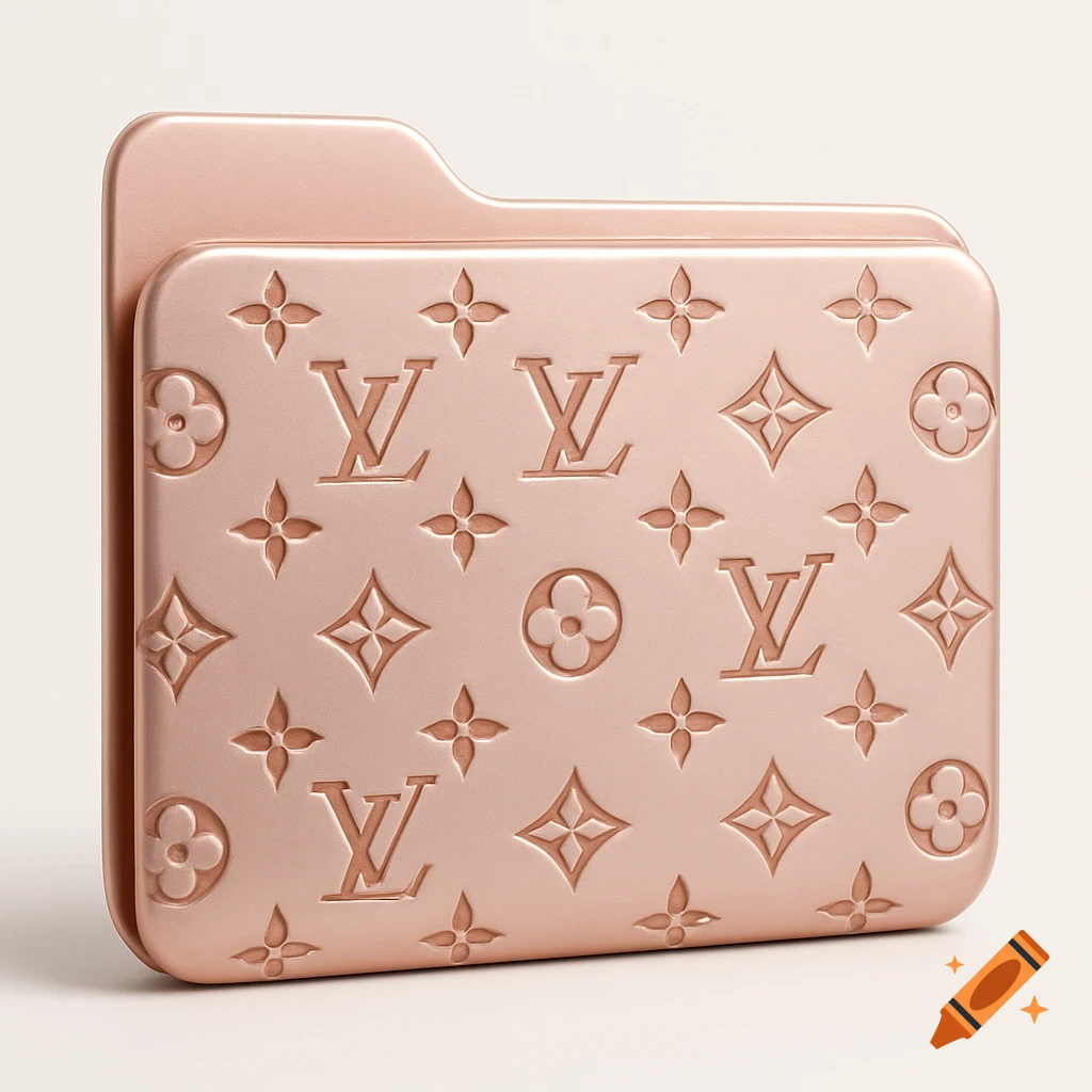 3D render of a rose gold folder icon with Louis Vuitton monogram pattern