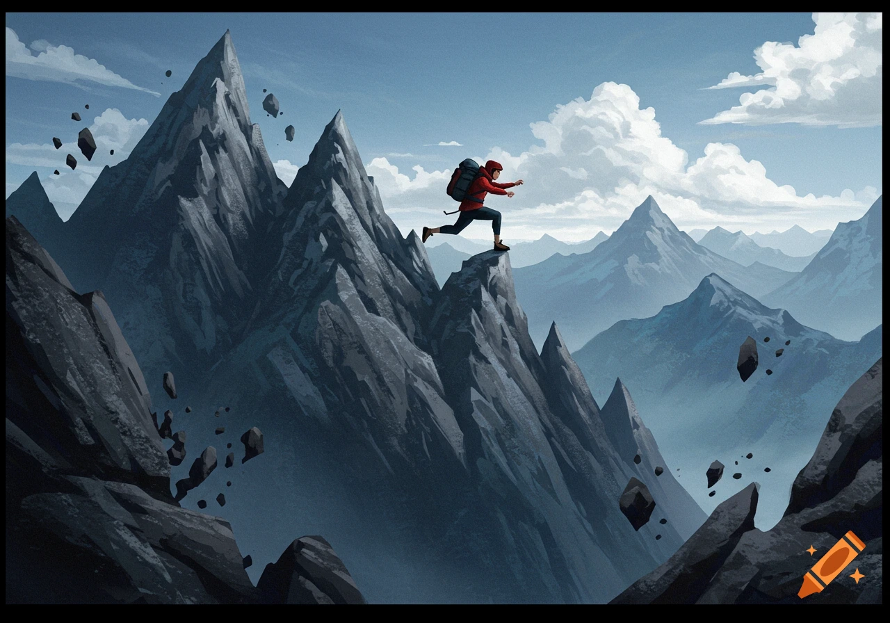 An illustration shows a person jumping between jagged mountain peaks with falling rocks.
