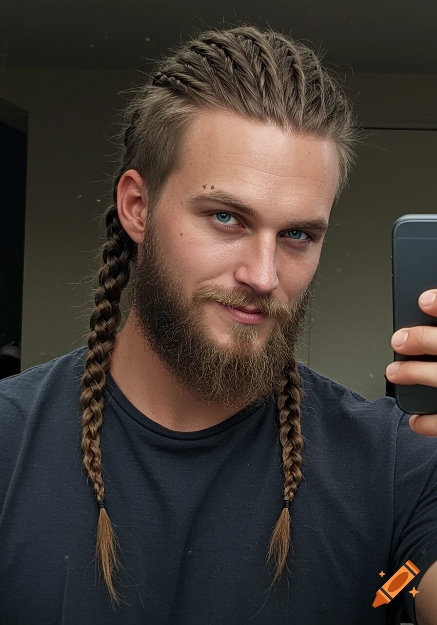 A man with viking braids and a beard takes a selfie.