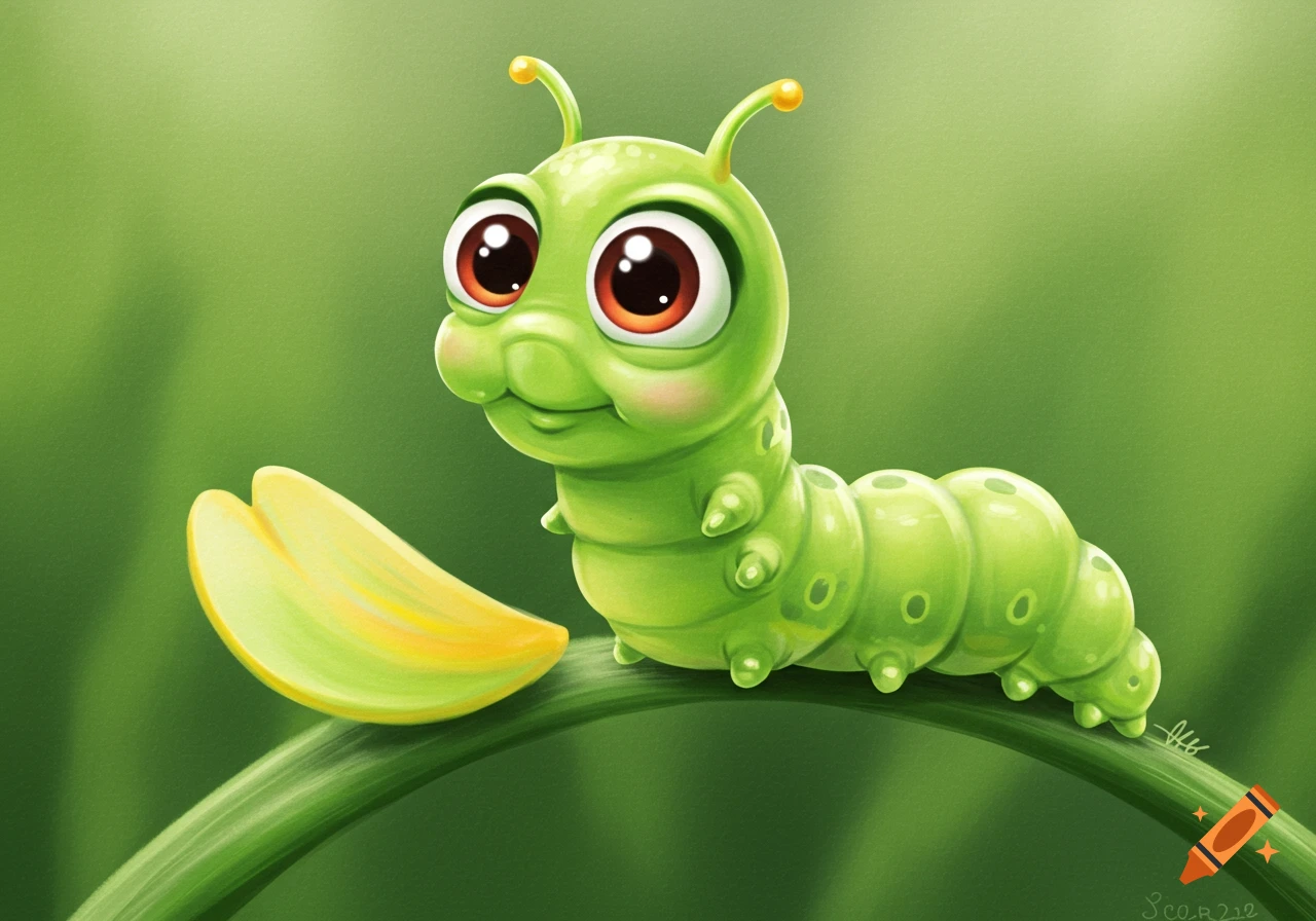 A cute green cartoon caterpillar with big eyes sits on a green leaf.