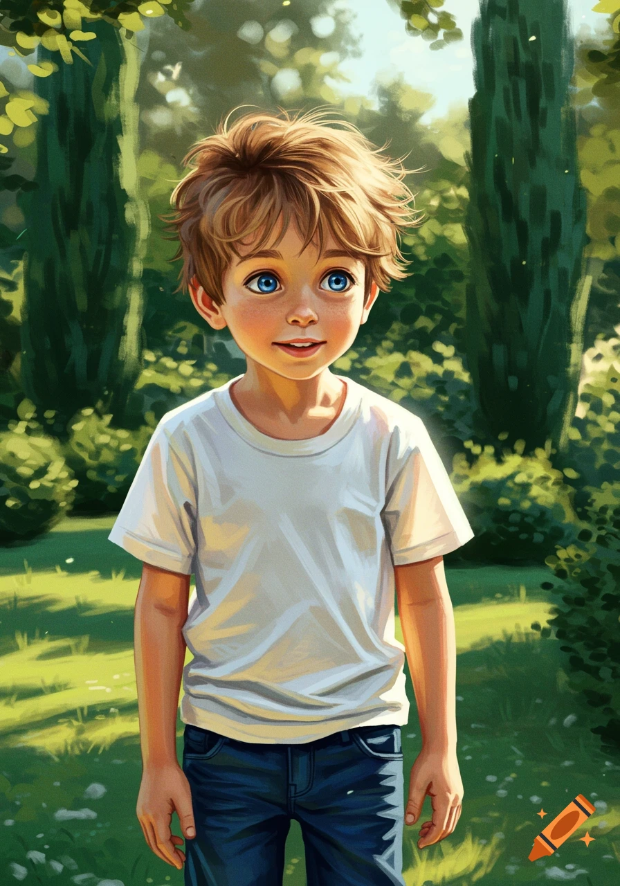 Illustration of a young boy with blue eyes standing in a sunny garden