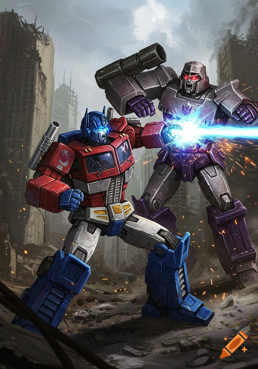 Optimus Prime battles Megatron in a ruined city.