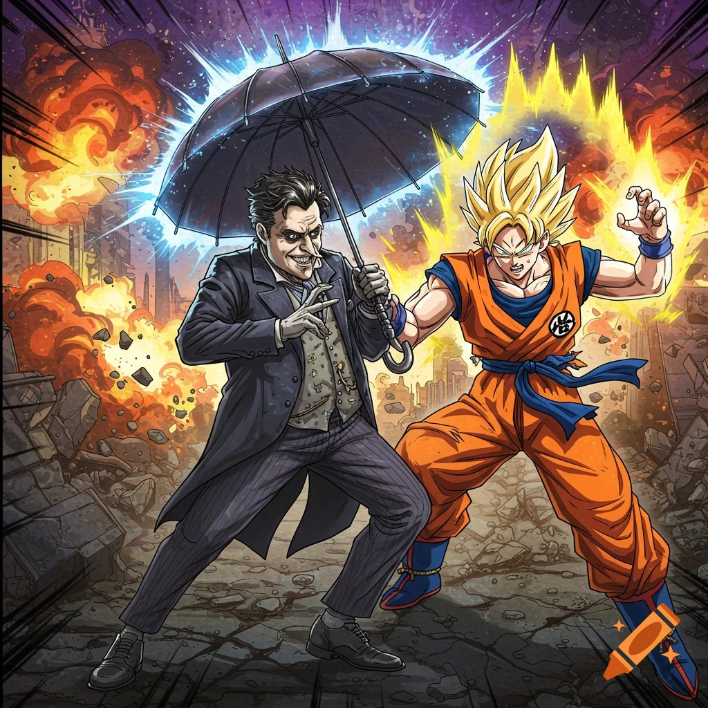 Oswald Cobblepot and Goku face off in a destroyed city, comic book style.
