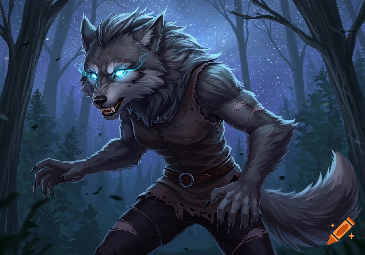 A snarling werewolf with glowing blue eyes stands in a dark forest at night.