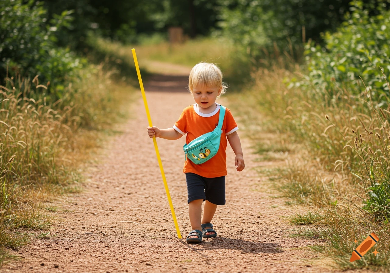 Toddler walks on a dirt path holding a yellow stick, wearing an orange shirt and teal fanny pack.