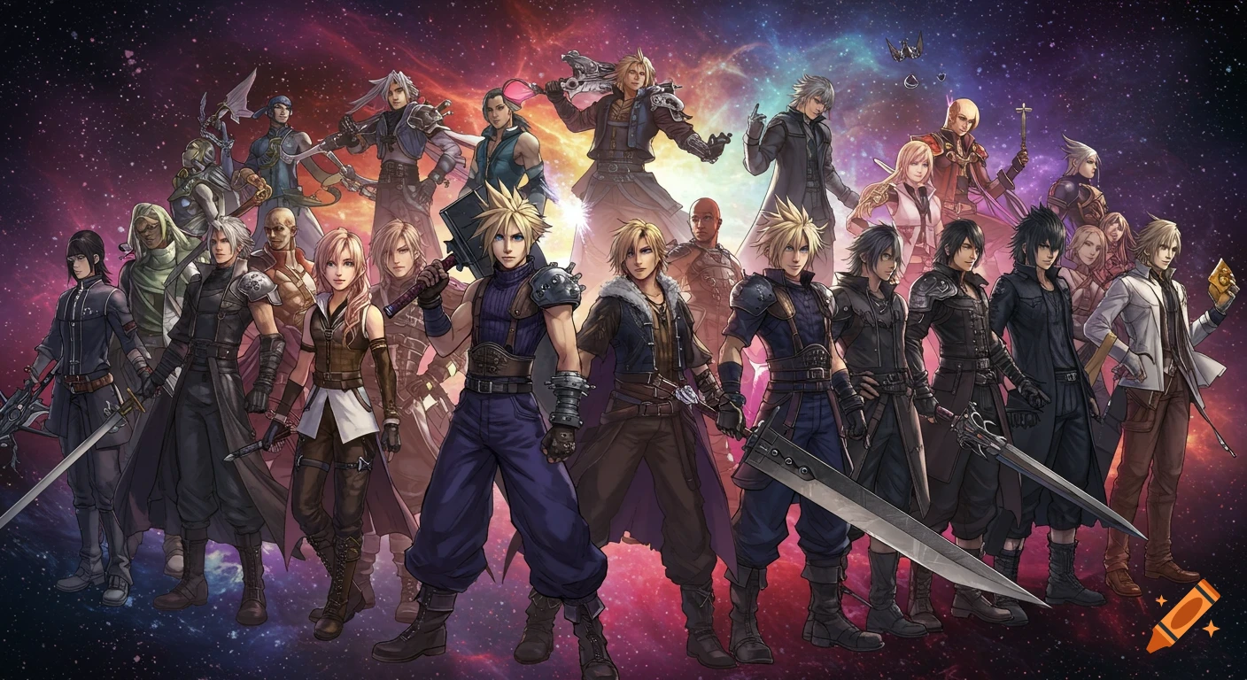 Large group of Final Fantasy characters standing against a vibrant cosmic background, anime style.
