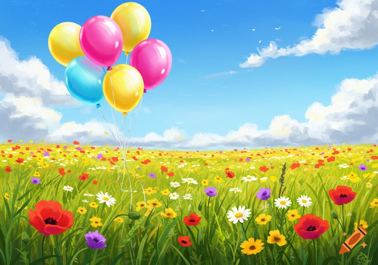 Illustrated field of colorful wildflowers under a bright blue sky with clouds, with a bunch of pink, yellow, and blue balloons floating above.