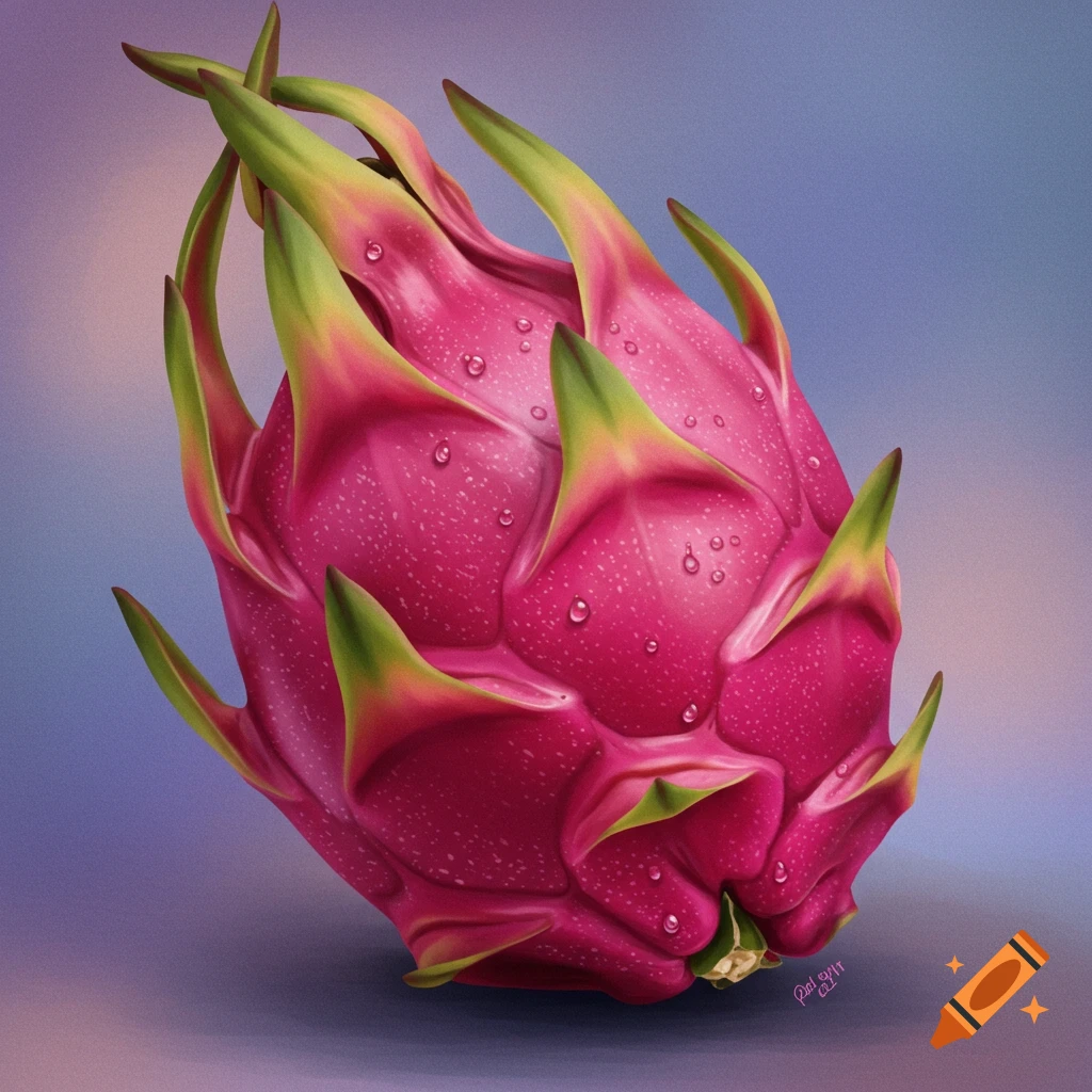 Detailed illustration of a pink dragon fruit with water droplets on a purple and blue background.