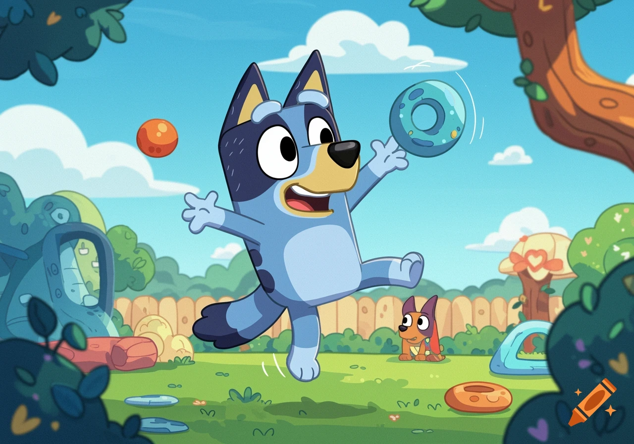 A cartoon blue dog (Bluey) jumps in a backyard, throwing a toy ring. A smaller orange dog (Bingo) watches.
