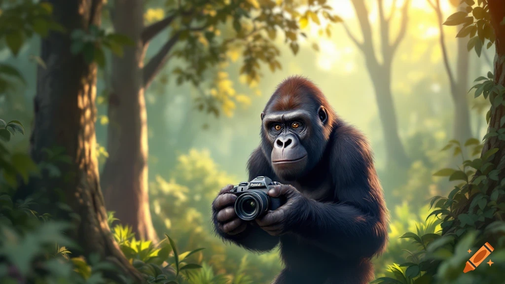 A realistic gorilla holds a camera in a sunny forest.