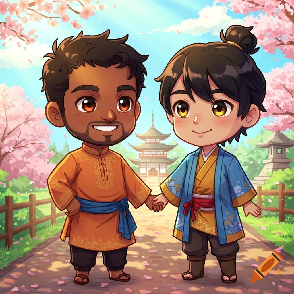 Chibi couple in Indian and Japanese attire holding hands in a Japanese garden with cherry blossoms and a pagoda.